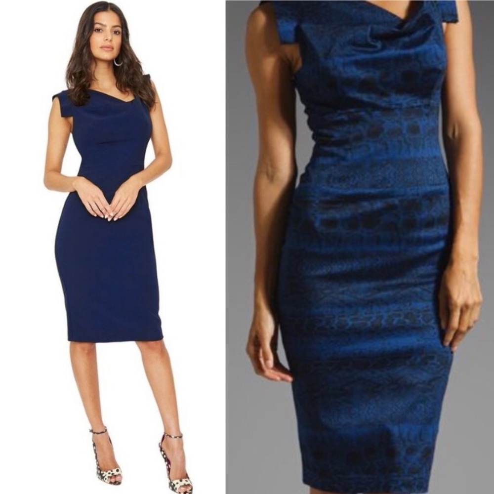 Iconic Black Halo Jackie O navy/black python print sheath dress with Bi-stretch